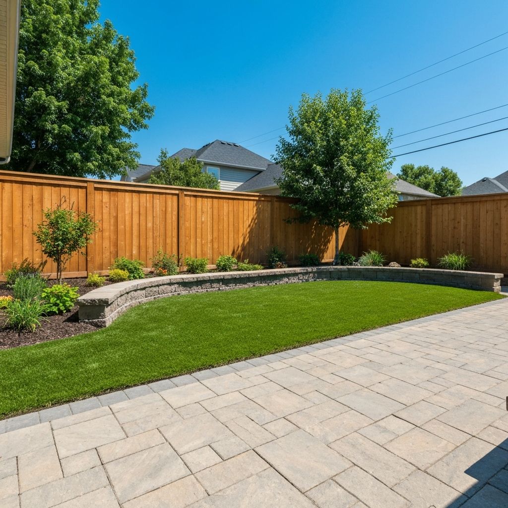 Beautiful landscaped backyard with green turf
