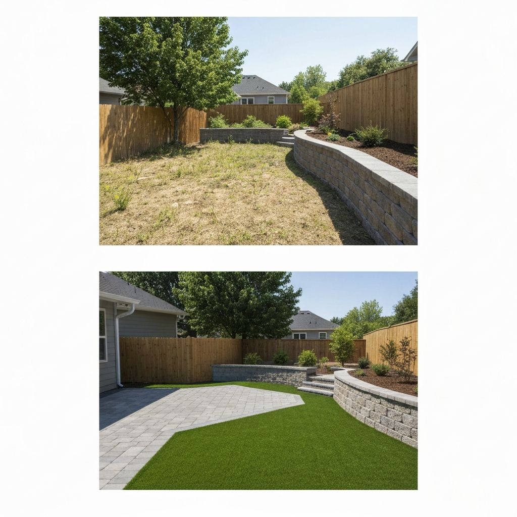 Backyard transformation with turf and retaining wall
