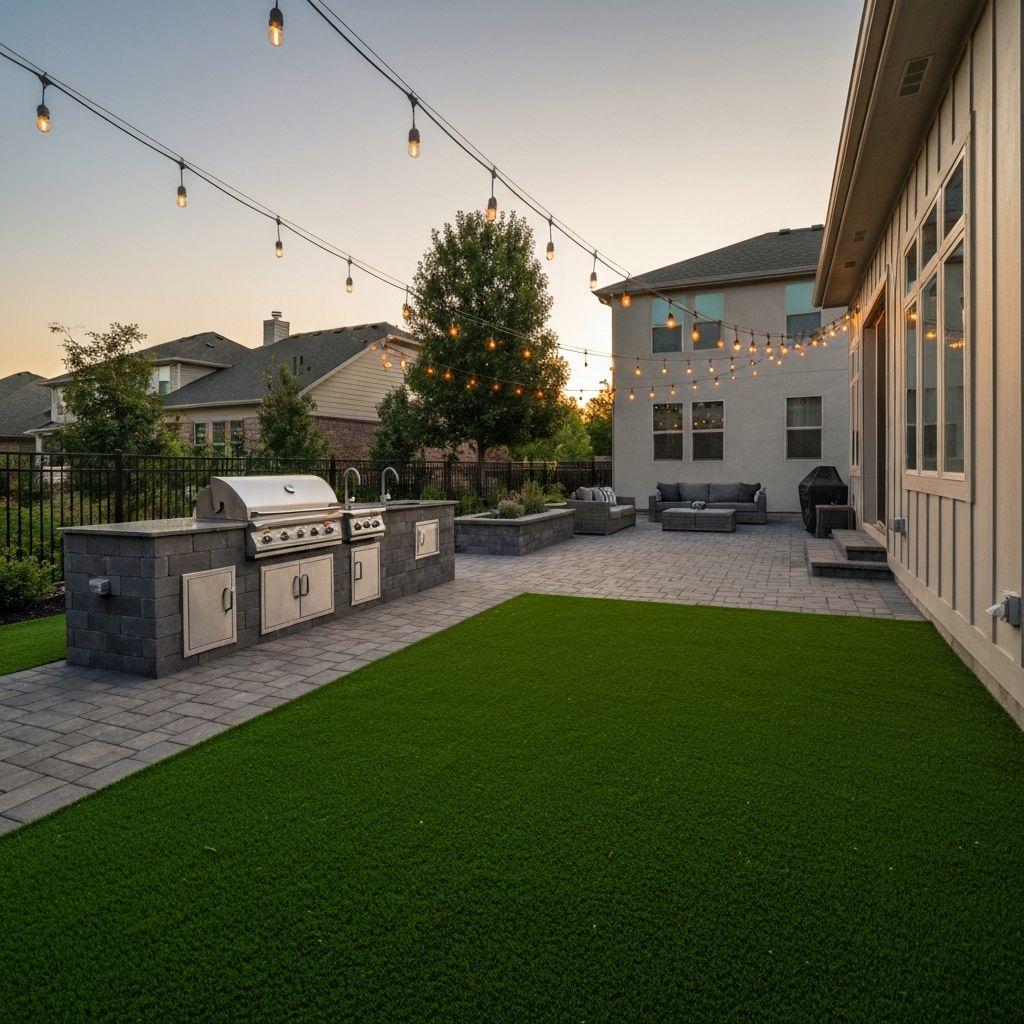 Modern backyard with paver patio and turf